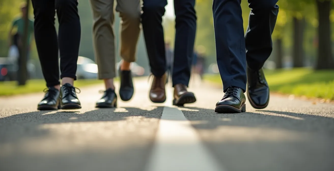 Grupo de empleados realizando un paseo saludable en un parque urbano español