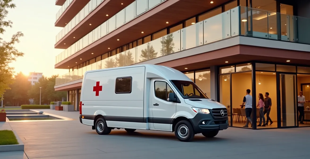 Unidad médica móvil moderna estacionada frente a edificio de oficinas