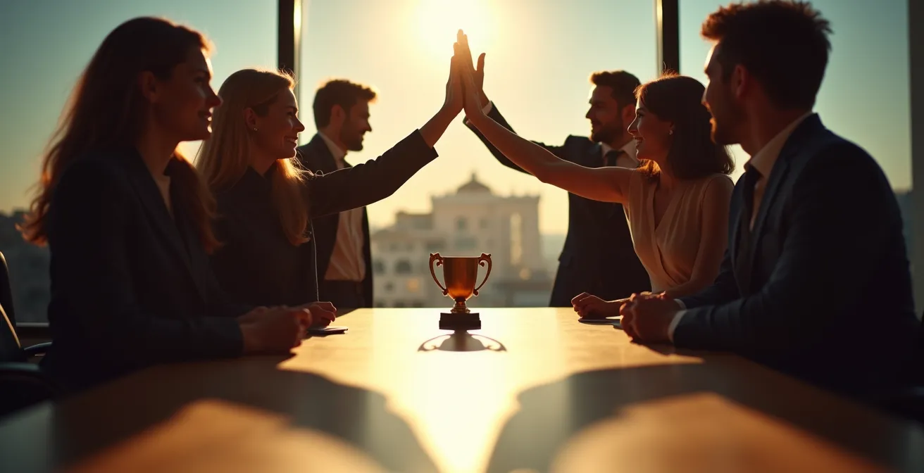 Equipo celebrando logro colectivo en espacio de trabajo colaborativo