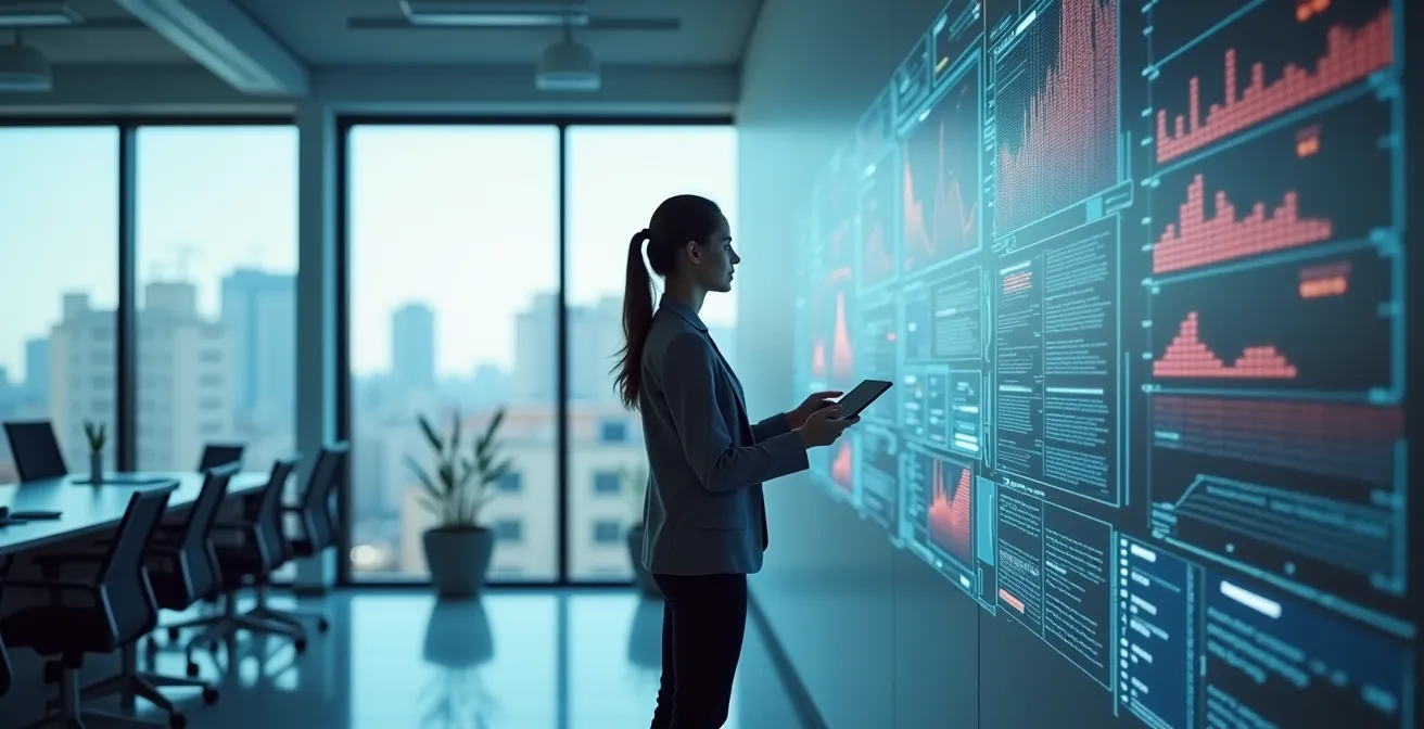 Profesional de RRHH analizando métricas de bienestar en pantallas con gráficos abstractos