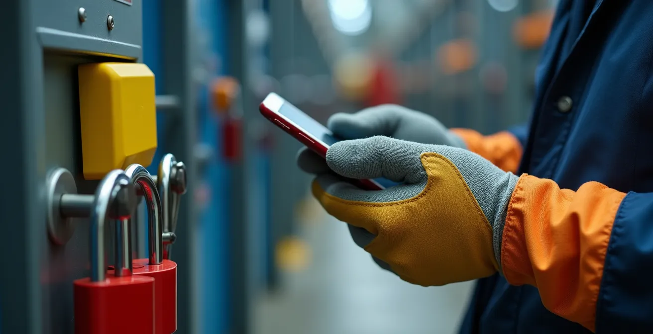 Trabajador usando app móvil para checklist digital LOTO en entorno industrial