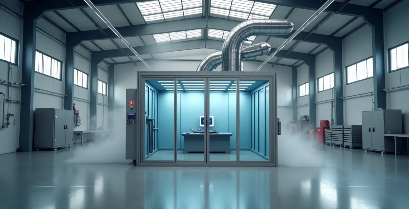 Cabina de aspiración localizada en operación de soldadura con sistema de extracción visible