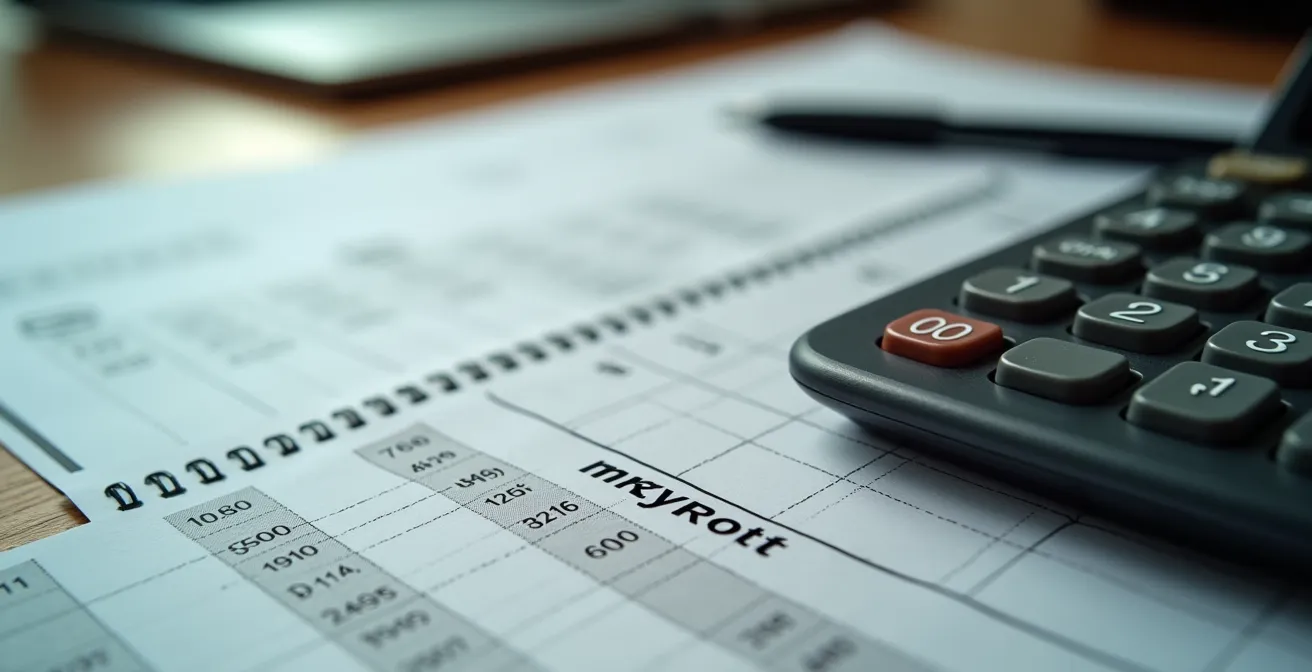 Documentos de nómina y calculadora sobre mesa de oficina con luz natural