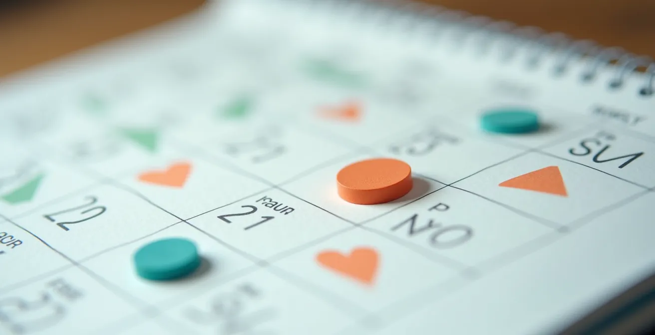 Vista macro de calendario anual con marcadores abstractos de colores indicando momentos óptimos