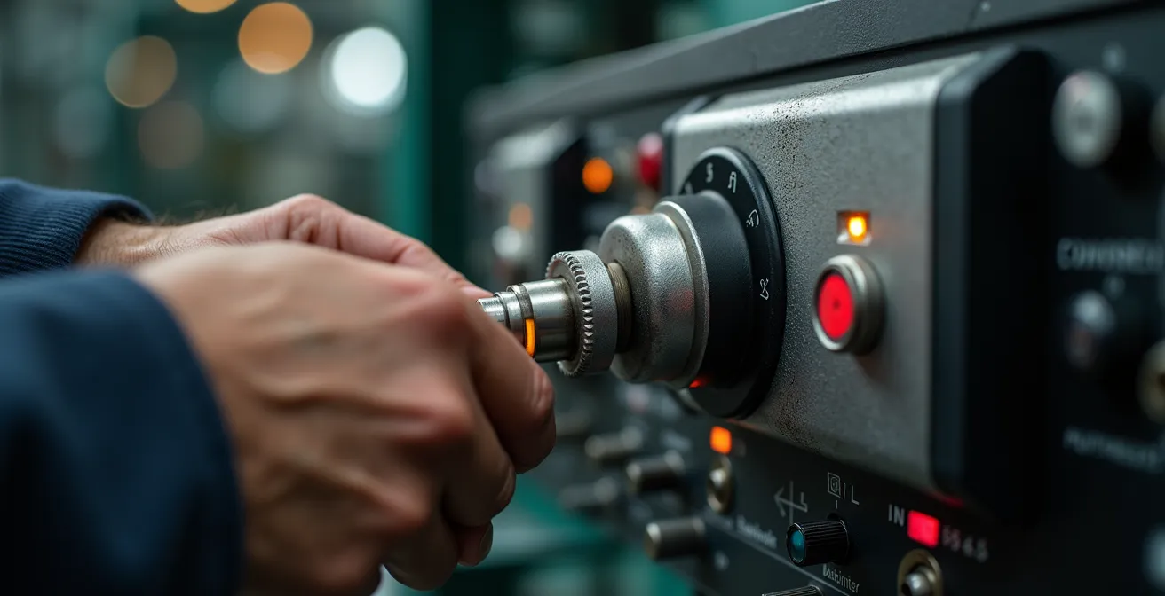 Técnico calibrando un dosímetro de ruido con calibrador acústico en ambiente industrial