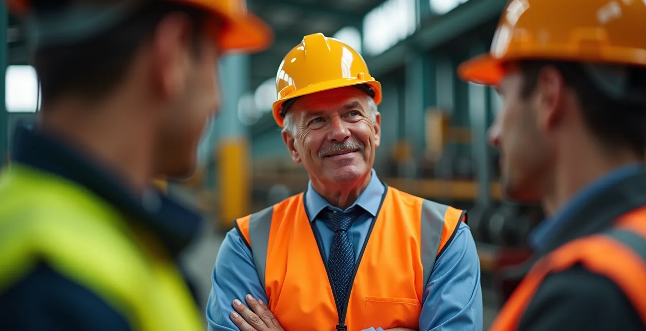CEO con casco y chaleco de seguridad conversando con operarios en planta industrial