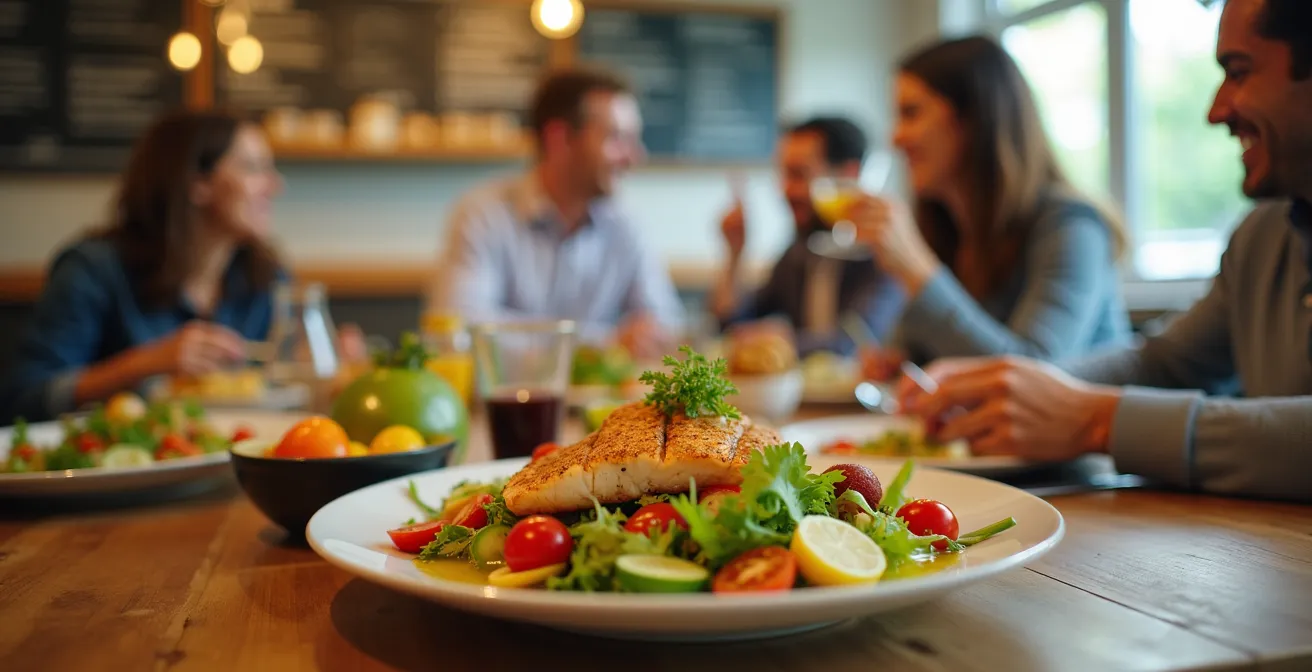 Comedor de empresa español con empleados disfrutando de una comida mediterránea saludable, mostrando variedad de verduras, pescado y aceite de oliva