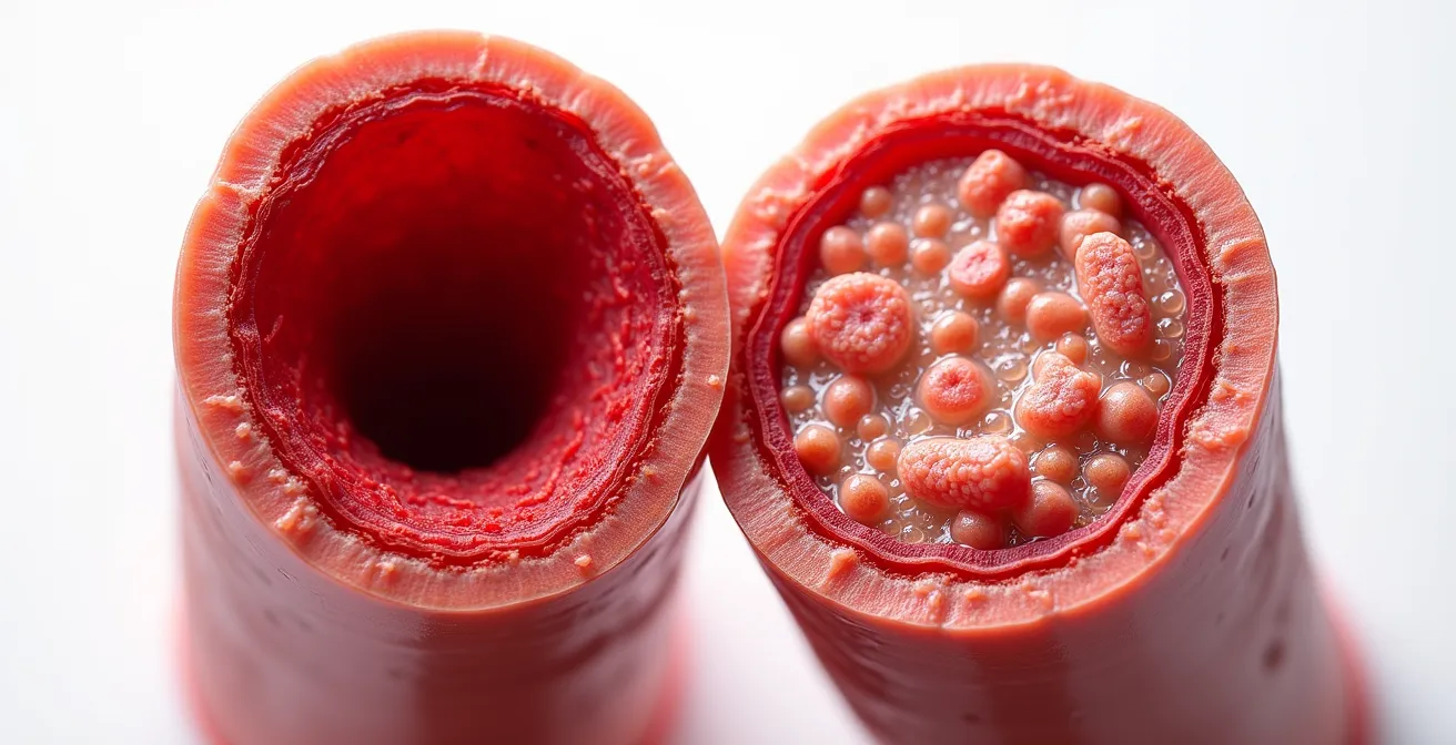 Vista macro de arterias mostrando los efectos del sedentarismo en un trabajador de oficina.