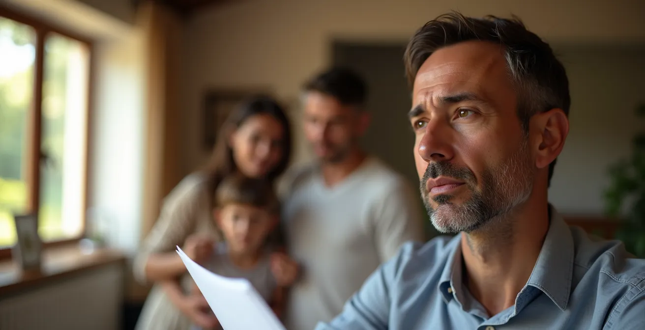 Directivo en momento de decisión entre opciones de beneficios laborales con familia presente