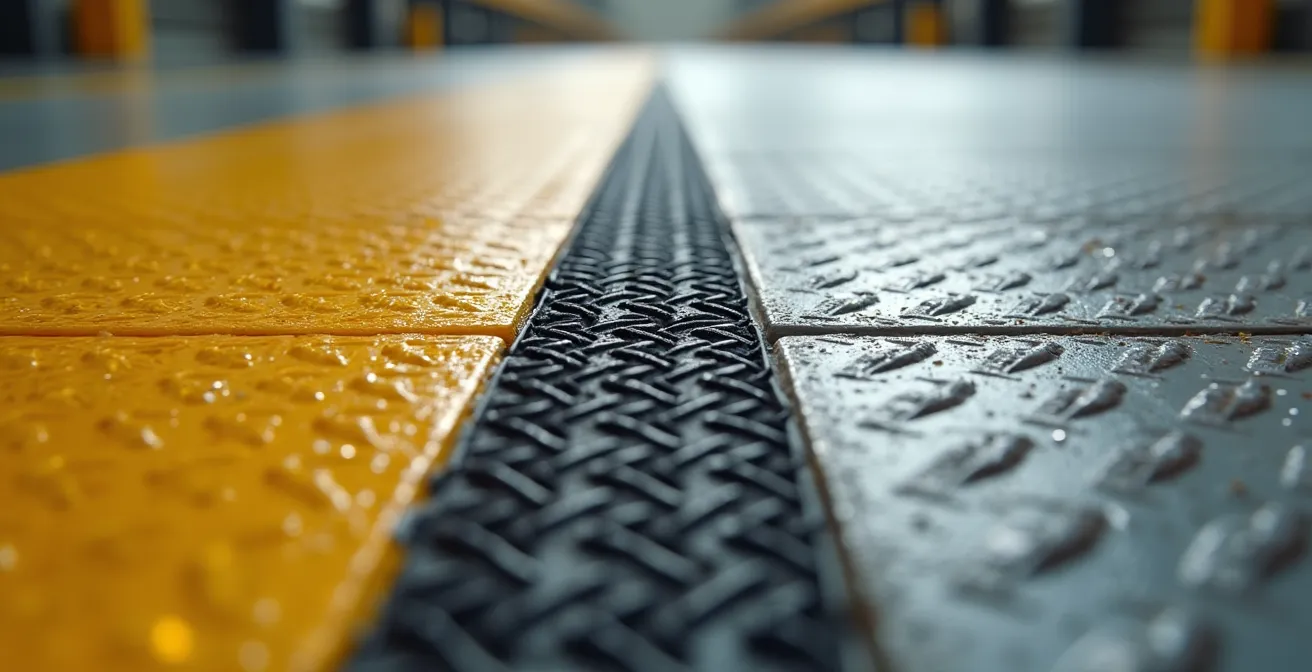 Detalle macro de superficie de pavimento industrial mostrando textura antideslizante