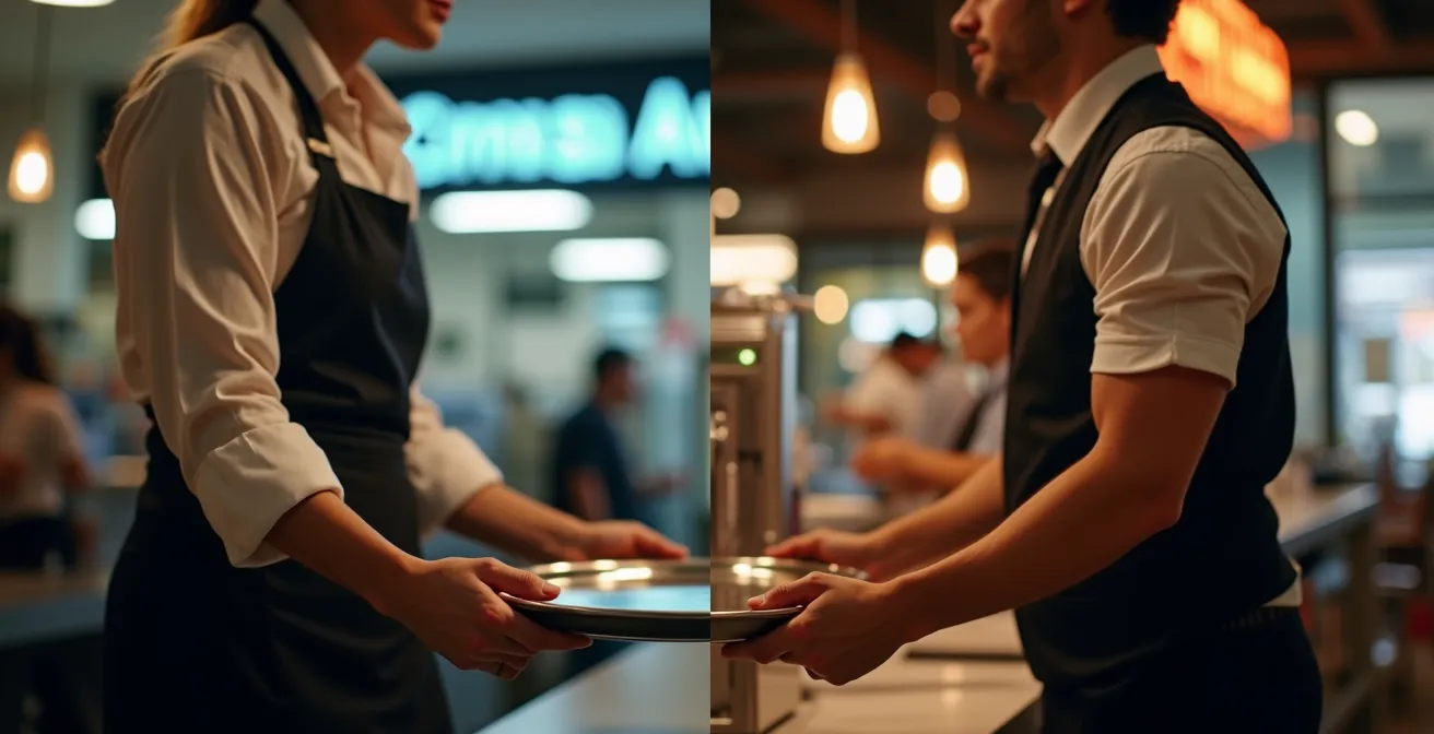 Comparación visual de movimientos repetitivos entre trabajadores de hostelería y retail, destacando las diferentes zonas de tensión muscular.