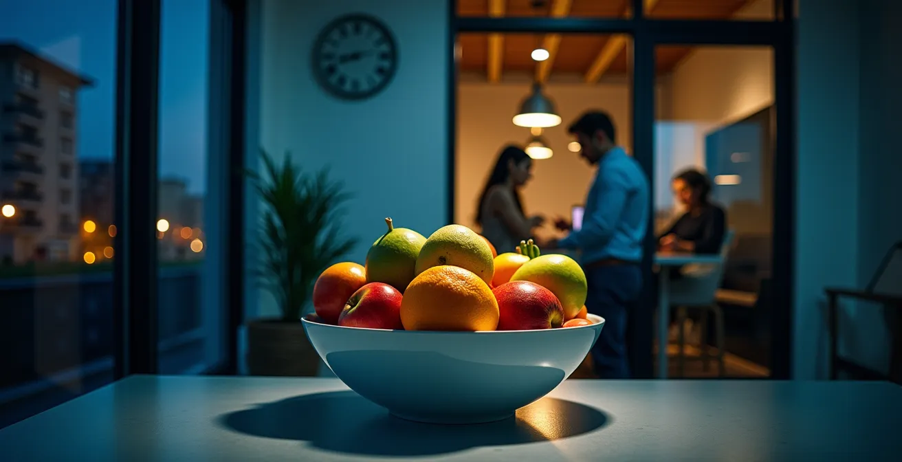 Contraste visual entre oficina española con largas jornadas y elementos superficiales de bienestar