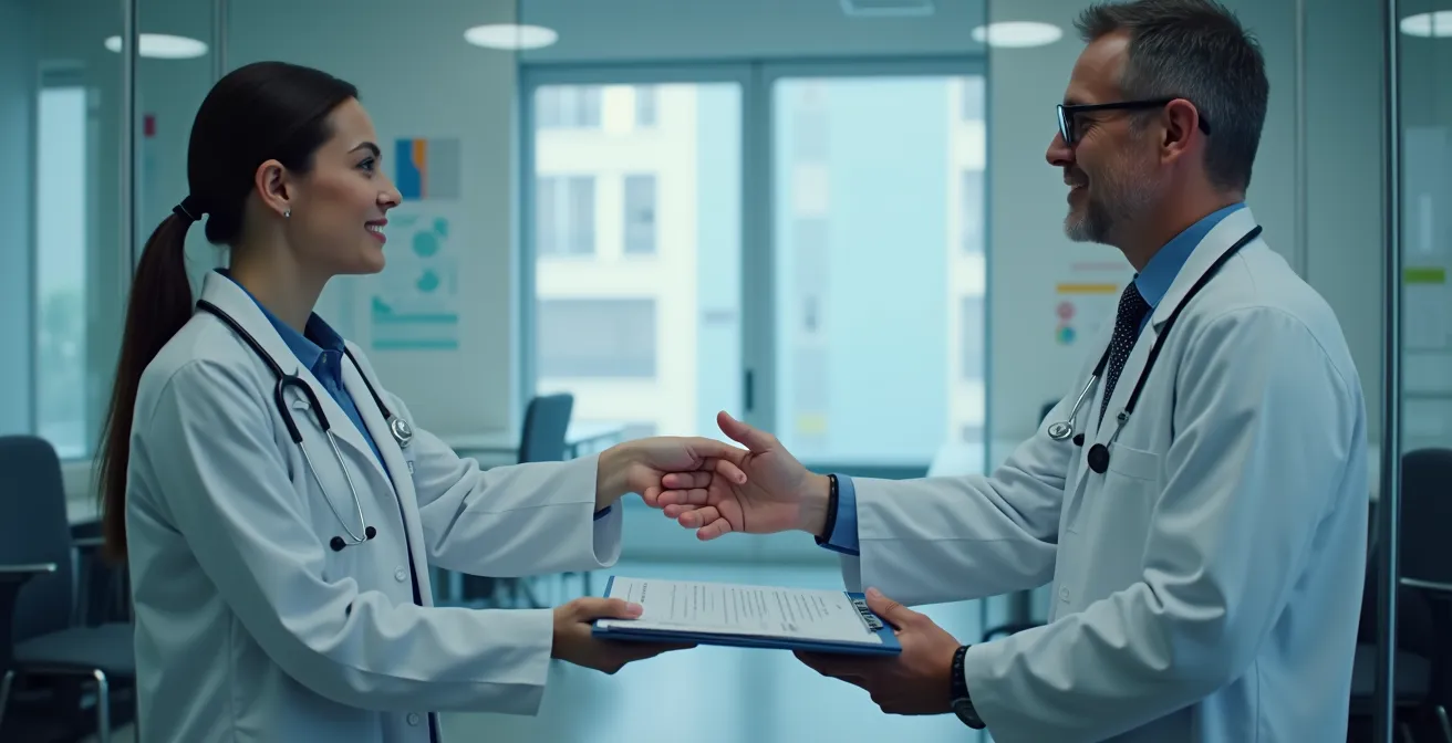 Dos médicos españoles revisando conjuntamente documentación sanitaria en un entorno profesional neutral