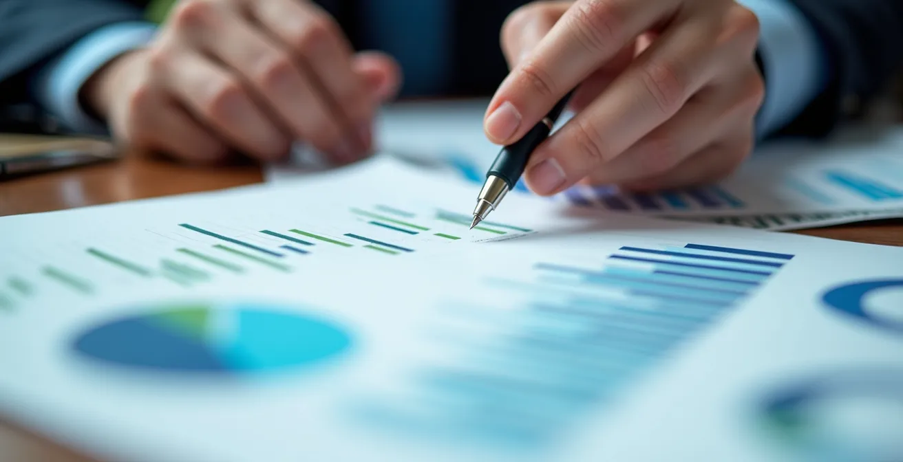 Vista macro de dashboard con gráficos de indicadores de seguridad y manos analizando datos