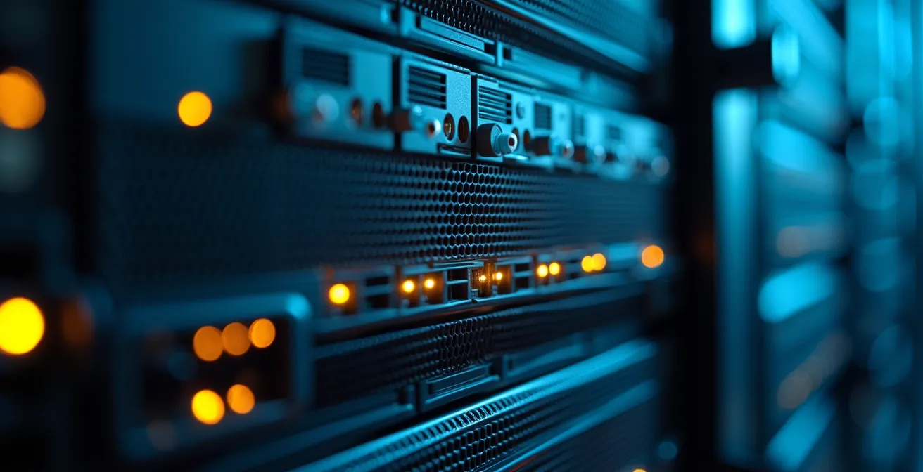 Vista macro de servidor seguro con detalles de encriptación y arquitectura cloud