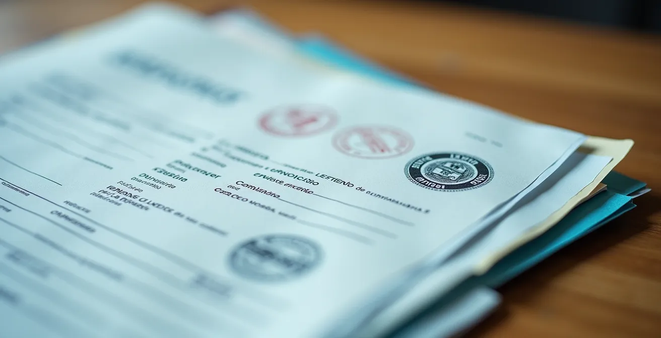 Vista macro de documentos médicos y administrativos organizados para proceso legal