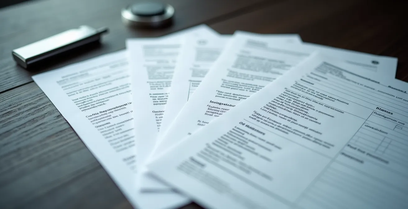 Documentos de acta de infracción organizados sobre mesa de trabajo profesional