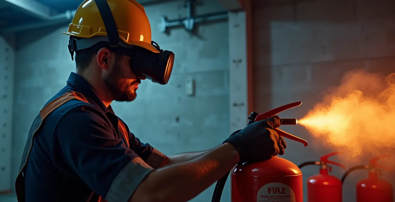 Trabajador con casco de realidad virtual practicando extinción de incendios en simulación inmersiva