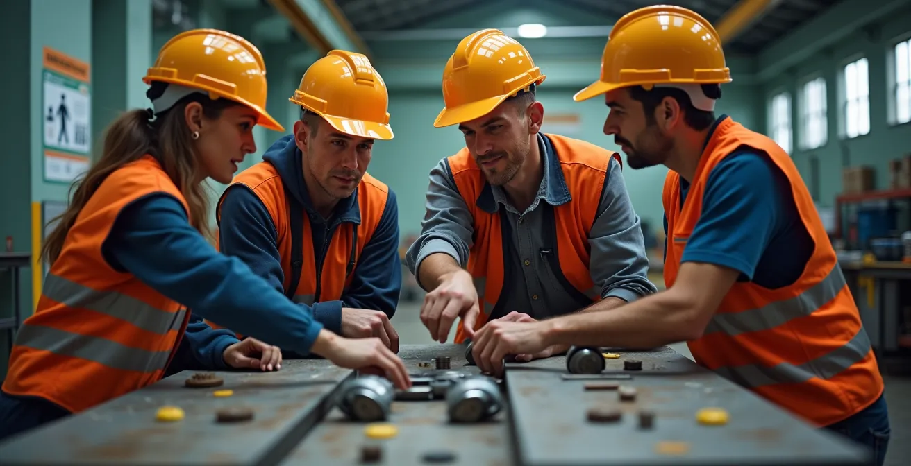Equipo multidisciplinar evaluando riesgos de maquinaria industrial en reunión técnica