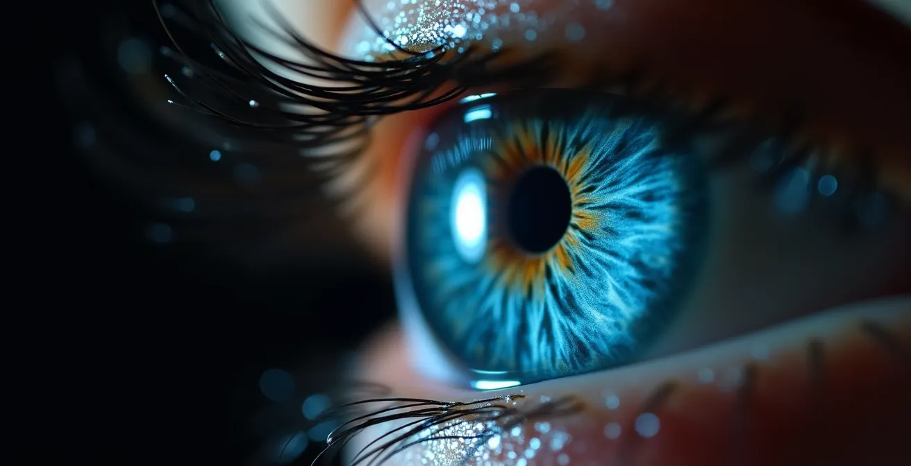 Detalle macro de ojo humano reflejando pantalla con luz azul