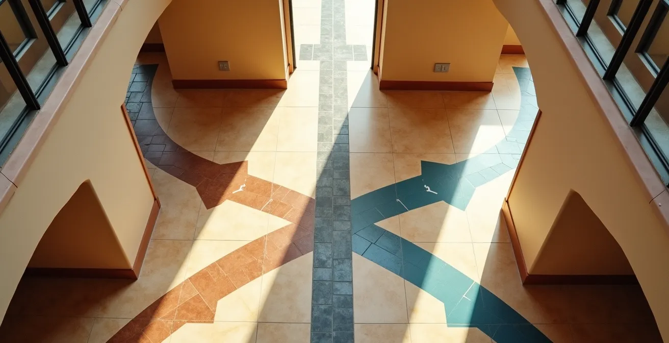 Vista aérea de pasillos de oficina con señalización direccional en el suelo y separación de flujos