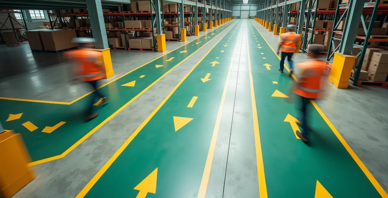 Vista aérea de nave industrial con marcaje de flujos unidireccionales en el suelo