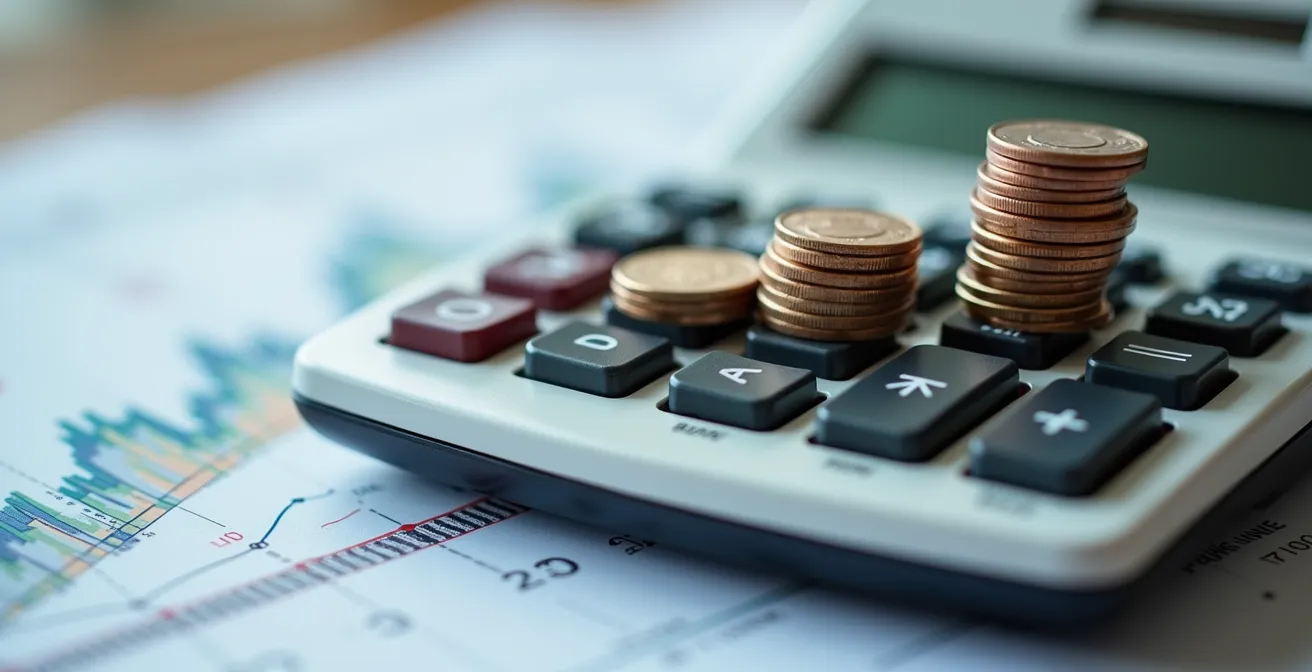 Calculadora y gráfico descendente mostrando impacto financiero a largo plazo en empresa