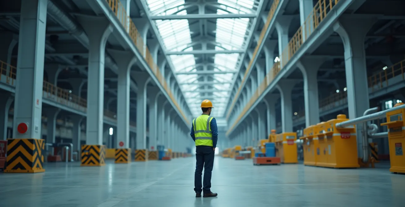 Inspector de trabajo revisando medidas de seguridad en instalaciones industriales