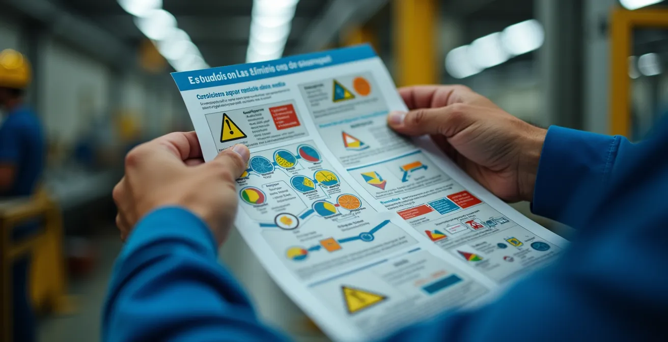 Trabajador consultando instrucciones visuales con pictogramas en área de producción