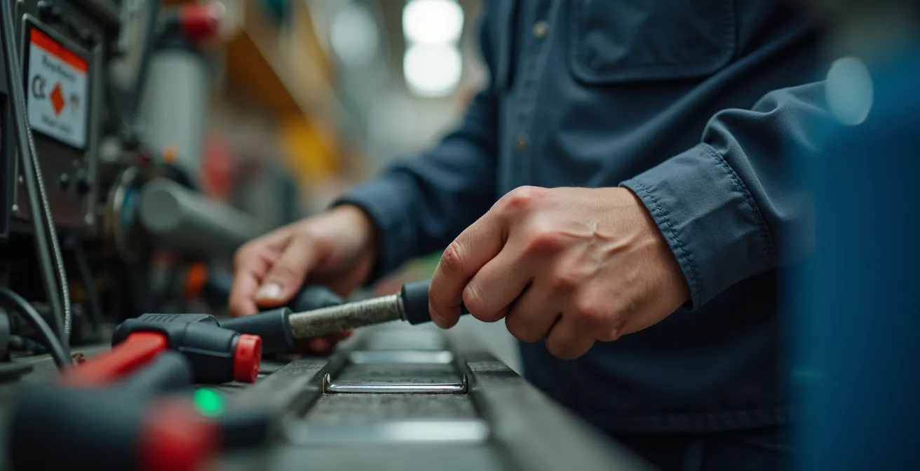 Manos de un técnico de mantenimiento utilizando una tablet para verificar una checklist de seguridad integrada en el software GMAO junto a una máquina industrial.
