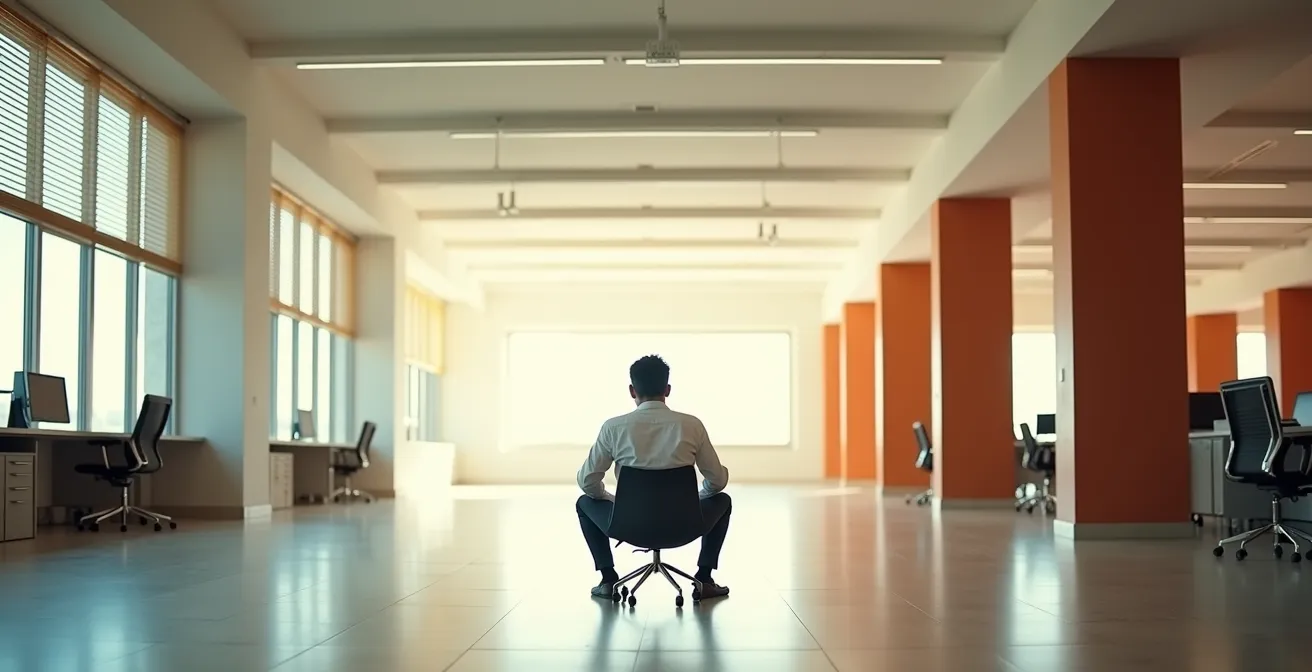 Mando intermedio aislado en oficina vacía mostrando signos de desconexión emocional