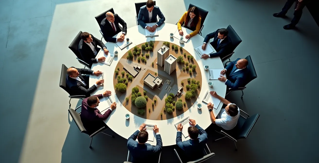 Diagrama visual mostrando la red de partes interesadas alrededor de una empresa industrial española