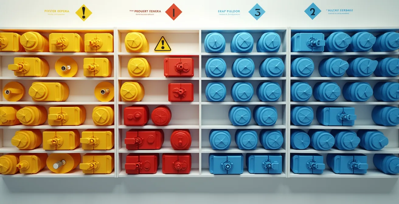 Sistema de codificación por colores para almacenamiento seguro de productos químicos incompatibles