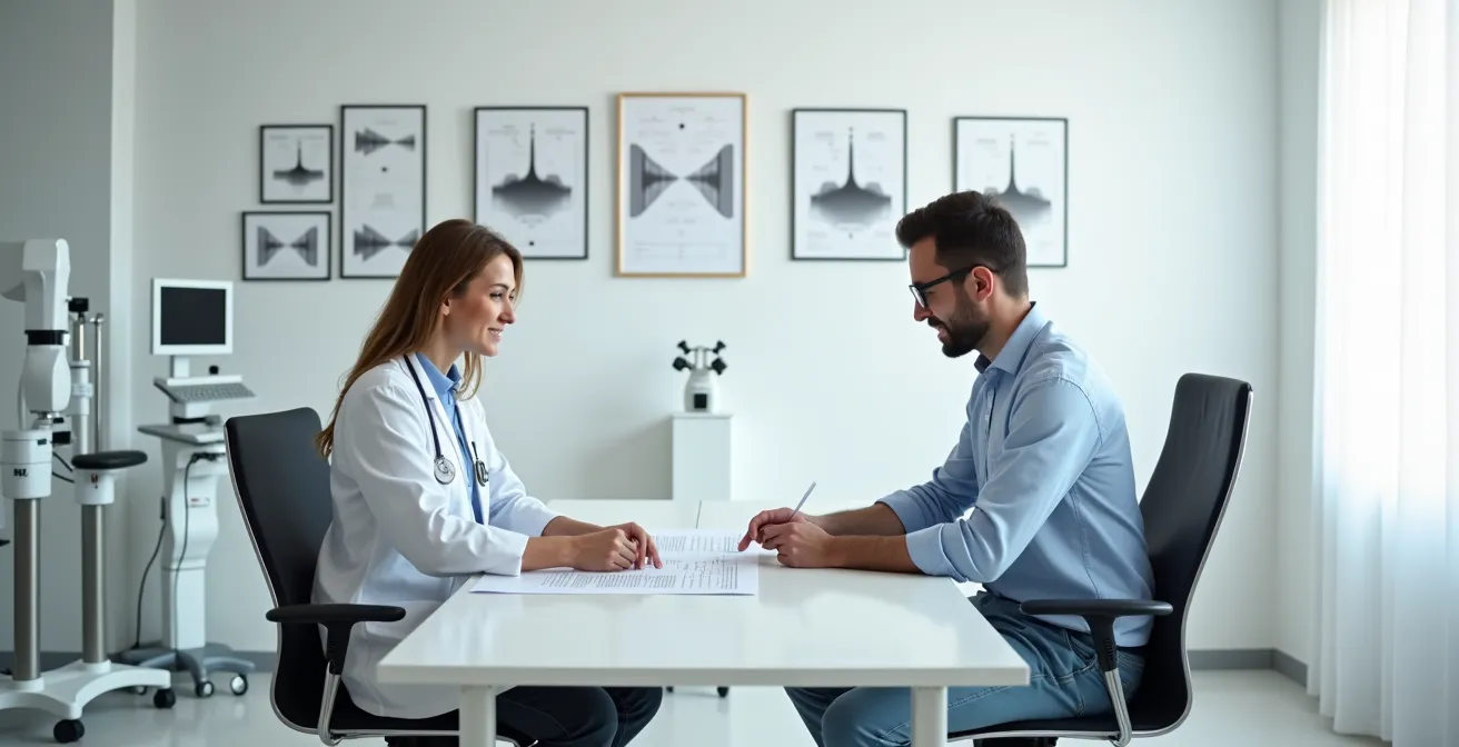 Médico del trabajo analizando resultados de audiometría con trabajador en consulta médica ocupacional