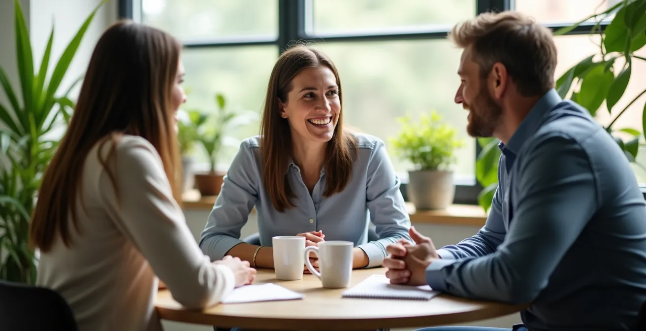 Reunión de reincorporación entre empleado y equipo de apoyo en ambiente acogedor