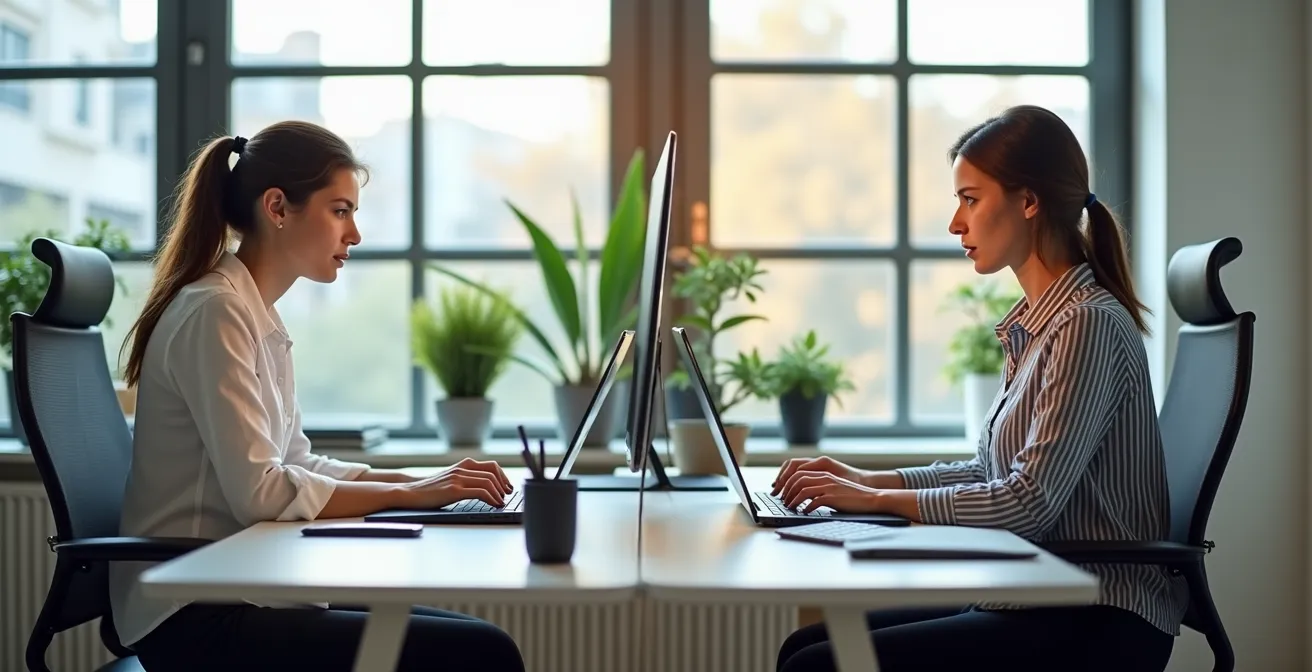 Comparación visual de la postura correcta e incorrecta al trabajar con un ordenador portátil, mostrando el impacto en las cervicales.