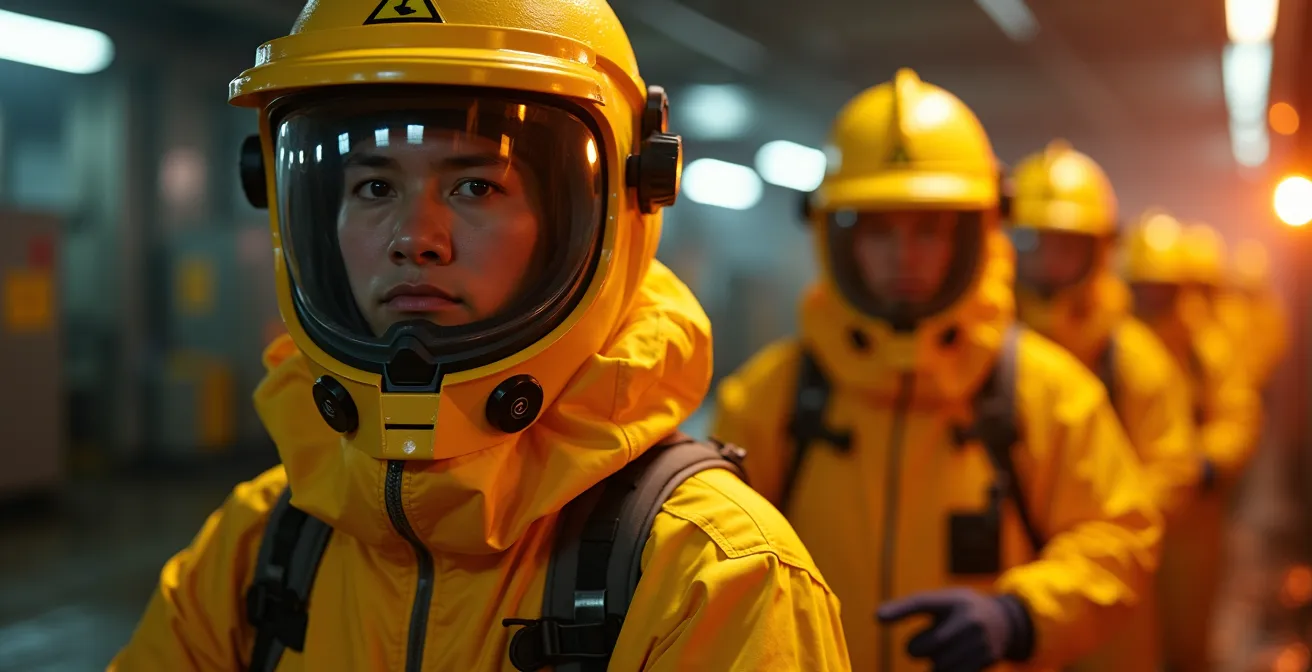 Equipo de emergencias con EPIs completos respondiendo a derrame químico en planta industrial