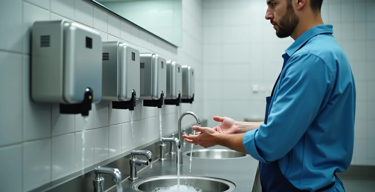 Estación de lavado industrial con dispensadores y protocolo visual de higiene