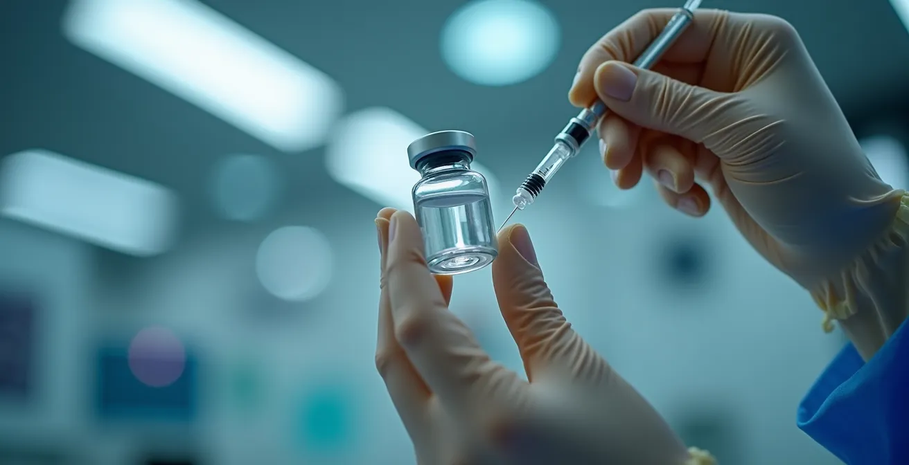 Profesional sanitario preparando vacunación contra Hepatitis B en entorno clínico