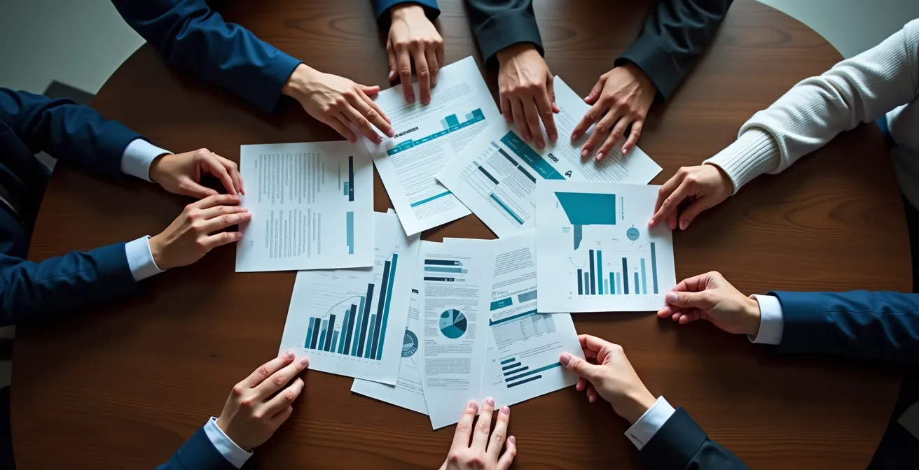 Mesa de reuniones con documentos y personas dialogando profesionalmente