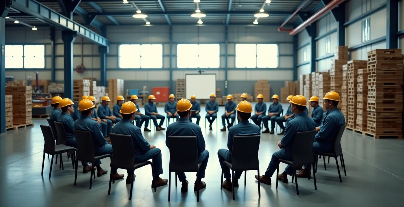 Directivo y trabajadores en círculo dialogando tras accidente laboral