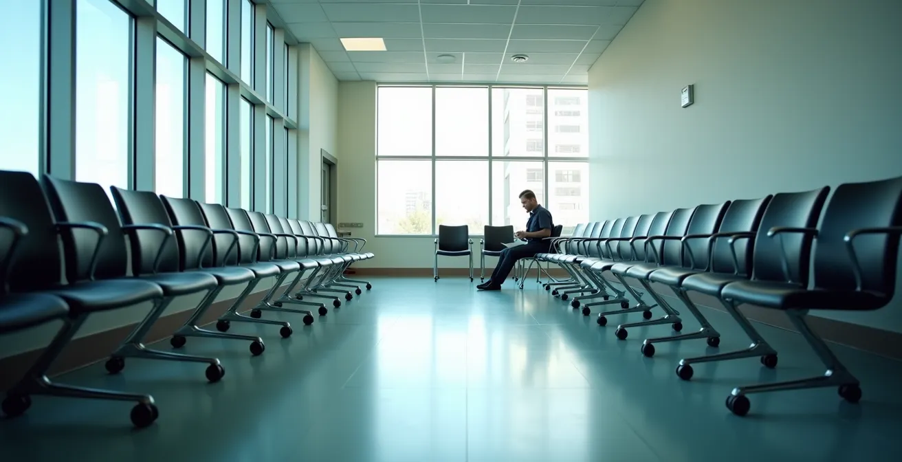 Sala de espera hospitalaria vacía con sillas y luz suave de ventana