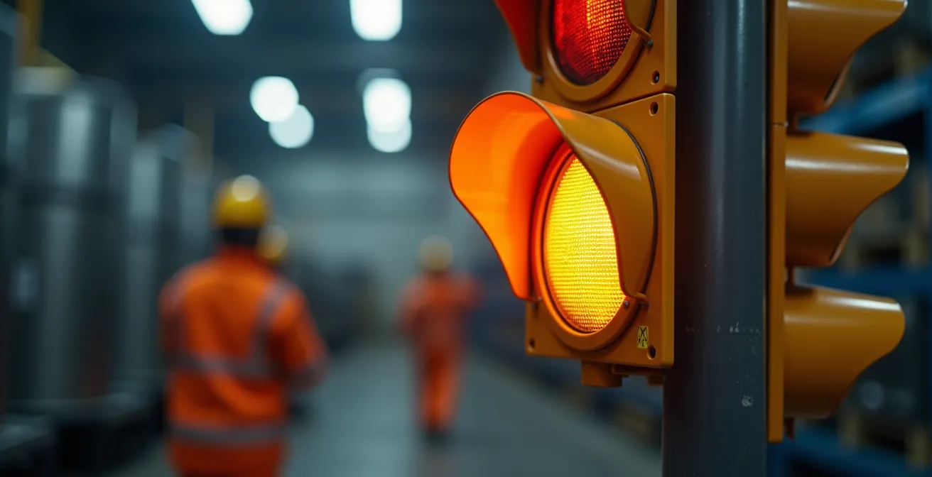Semáforo en ámbar representando el estado de alerta preventiva en exposición química laboral