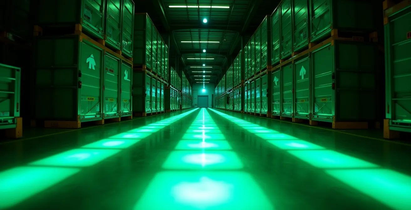 Vista amplia de nave industrial con sistema de iluminación de emergencia y señalización fotoluminiscente activada