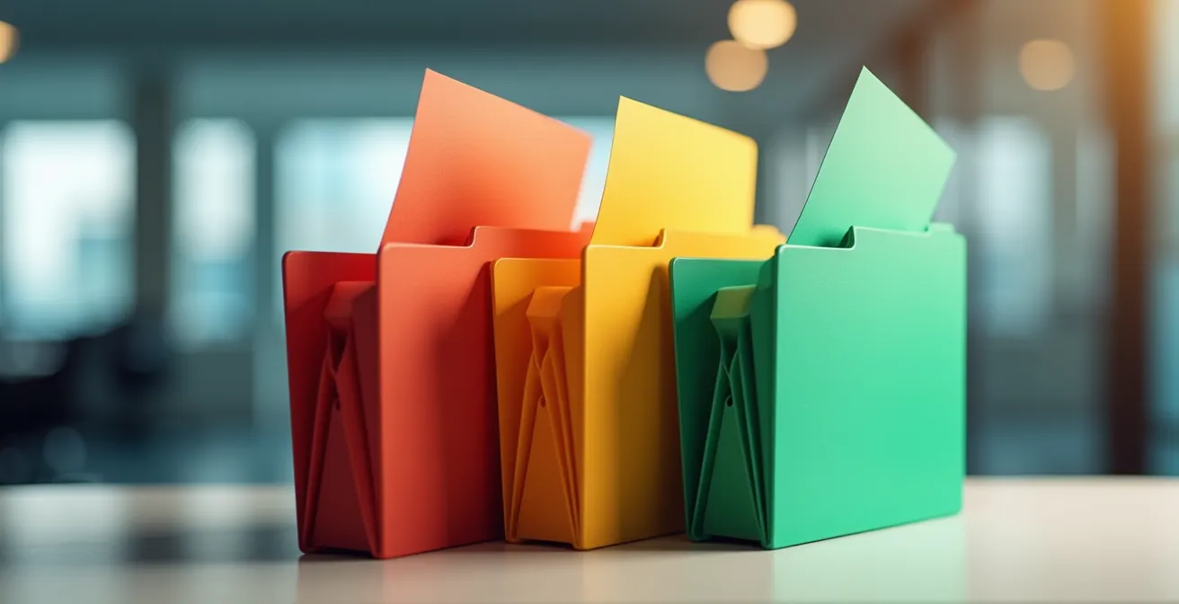 Sistema visual de semáforos para clasificar documentación CAE con carpetas en colores rojo, ámbar y verde