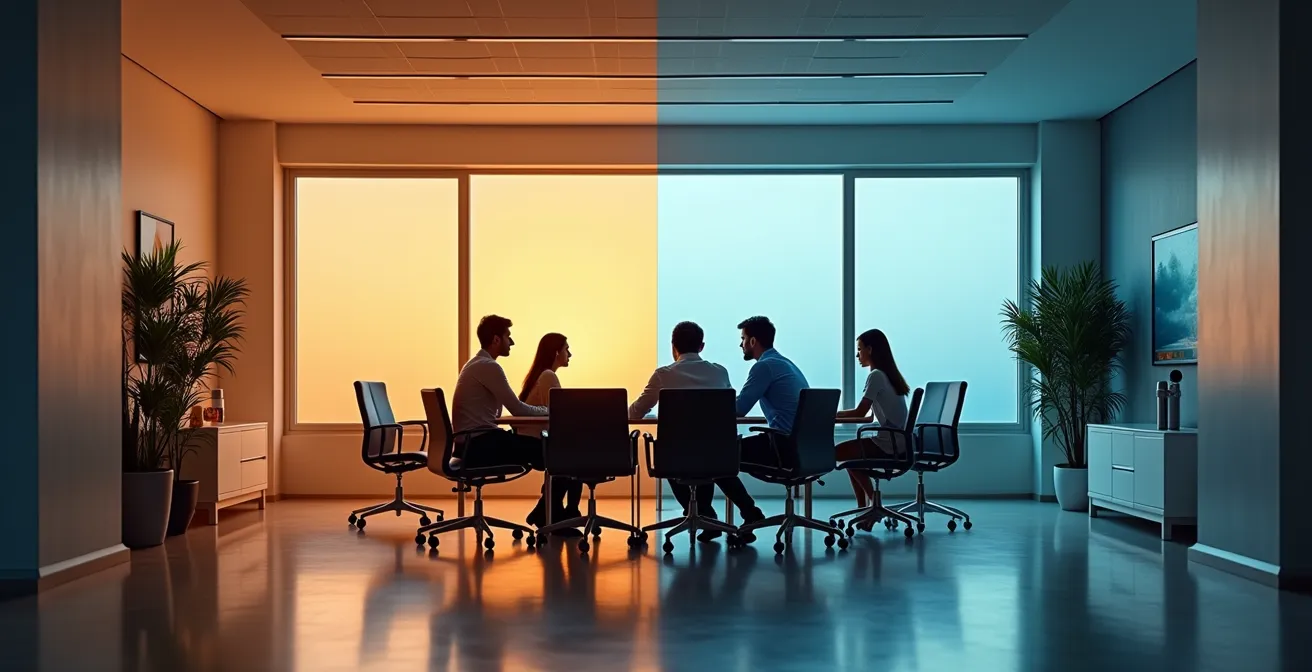 Espacio de trabajo híbrido con zonas de colaboración y tecnología en una oficina española