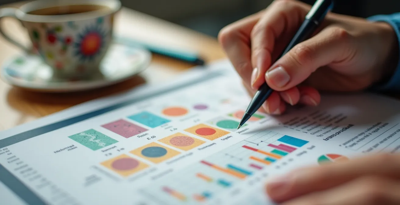 Empleado revisando documento de compensación total con gráficos abstractos en mesa de trabajo