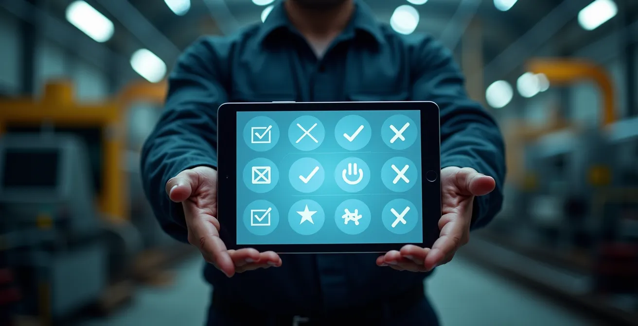 Empleado industrial rellenando formulario de autoevaluación auditiva en tablet en ambiente de fábrica