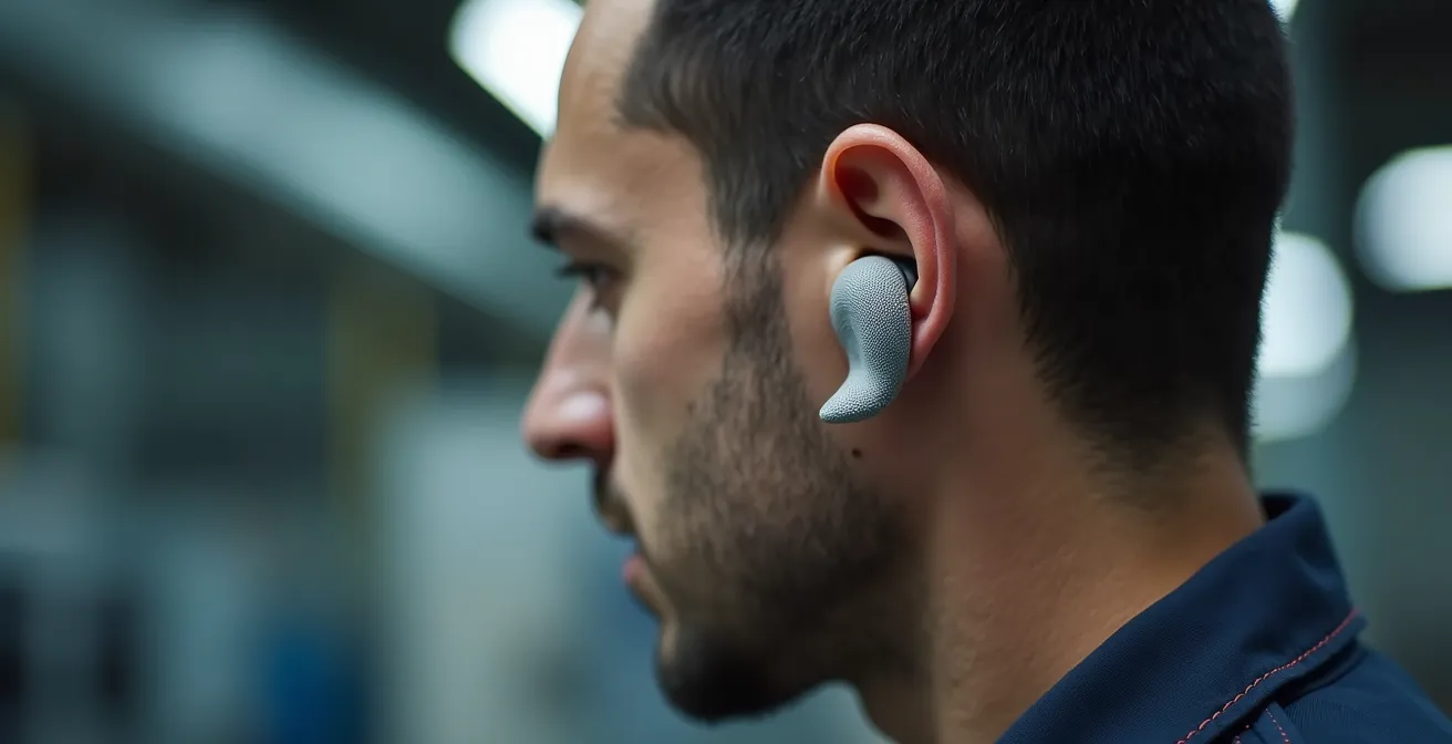 Detalle macro de tapón auditivo a medida siendo colocado correctamente en el oído