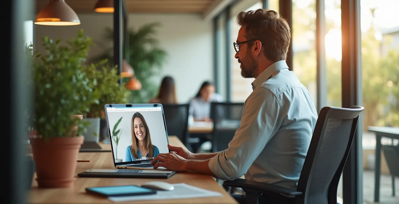 Profesional trabajando en espacio adaptado con medidas de protección sanitaria integradas de forma natural